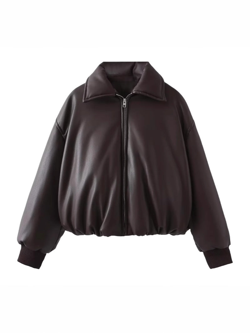 Damen lässige Kunstlederjacke mit voluminösem Schnitt und praktischen Taschen Drune