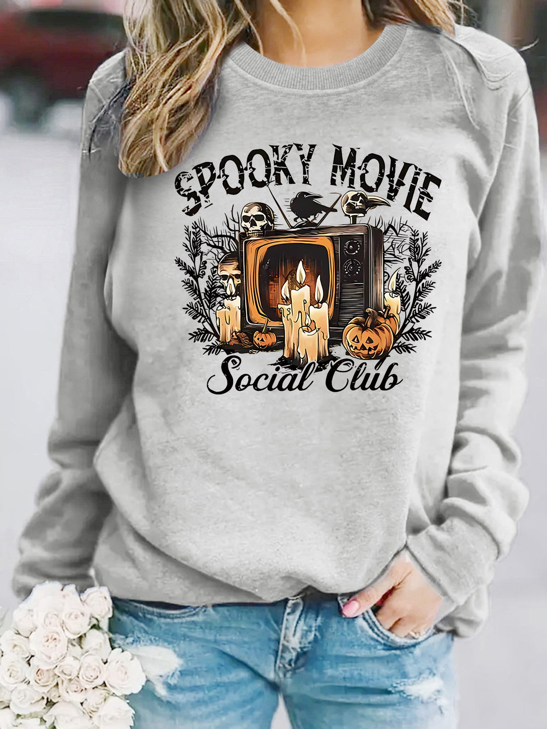 Damen Sweatshirt mit spooky Film-Motiv und lässigem Schnitt Drune