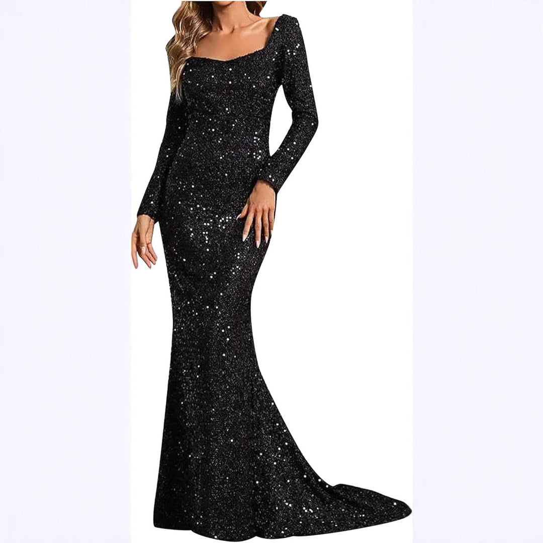 Damen Glamouröses Glitzer-Abendkleid mit schwingendem Rock und voluminösen Ärmeln Drune