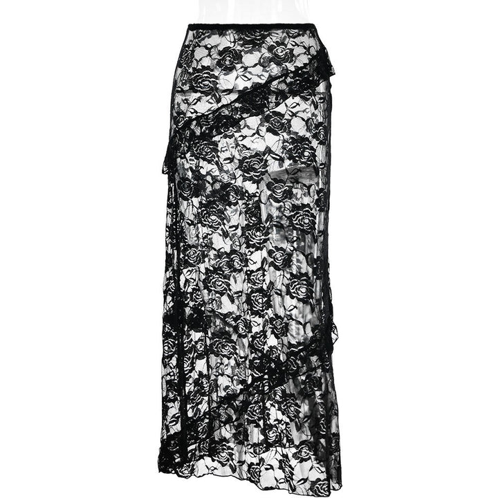 Damen Lange Spitzenrock mit asymmetrischem Rüschenverlauf und eleganter Blumenspitze Drune