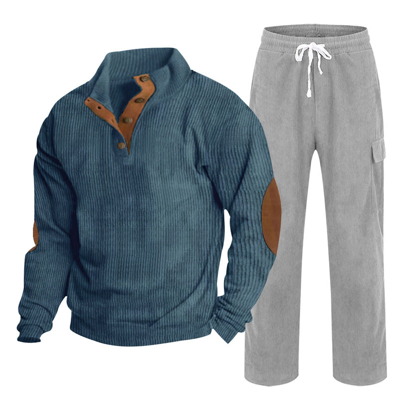Herren nan strukturiertes Cord-Henley-Loungewear-Set mit Ellenbogenpatches und Cargo-Jogpant Drune