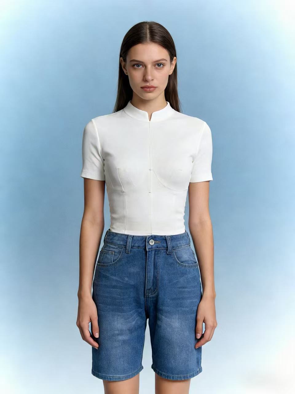 Damen figurbetontes Cropped Oberteil mit Stehkragen und kurzen Ärmeln Drune