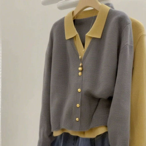 Damen modische Strickjacke mit elegantem Kragen und großen Knöpfen Drune
