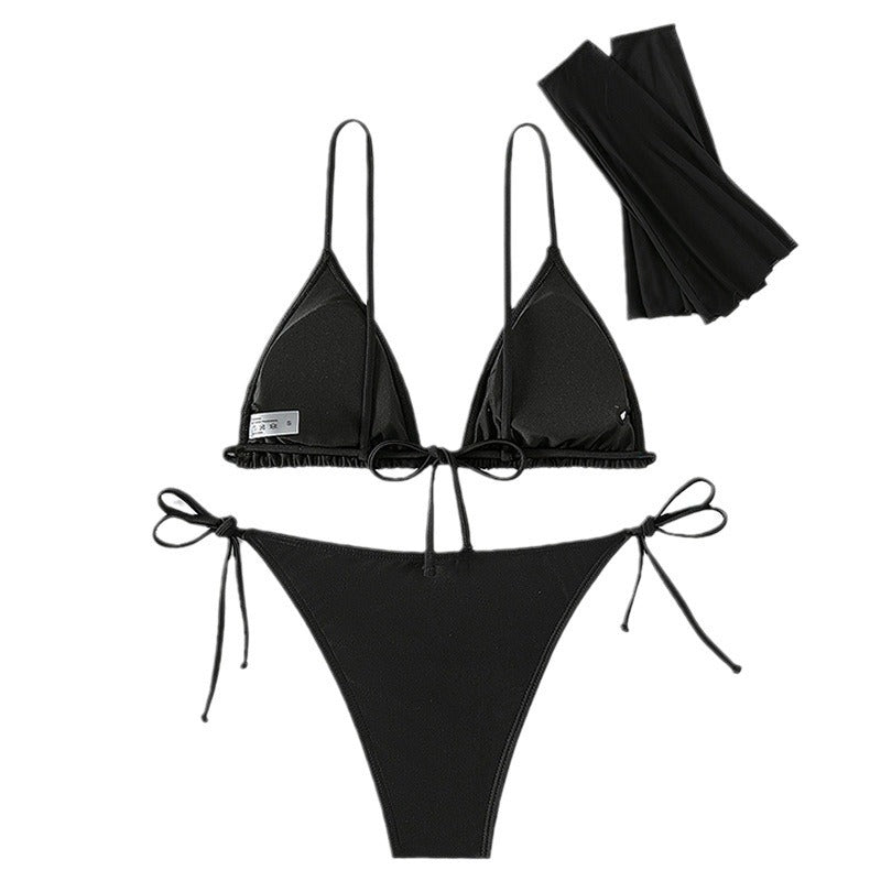 Damen Triangel-Bikini-Set mit transparenten Ärmeln und Blumenakzent Drune