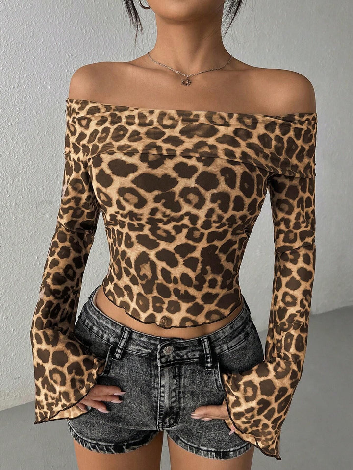 Damen nan tailliertes schulterfreies Netz-Crop-Top mit Leopardenmuster und ausgestellten Ärmeln Drune