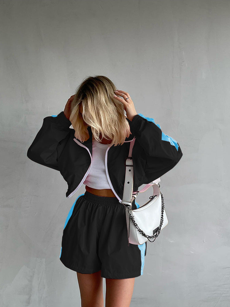 Damen nan kurzes Sport-Trackset mit Crop-Zip Jacke und elastischer Highwaist-Shorts Drune