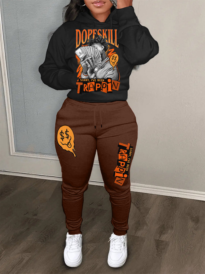 Damen bequeme Hoodie und Jogginghose Set mit kreativem Druck Drune