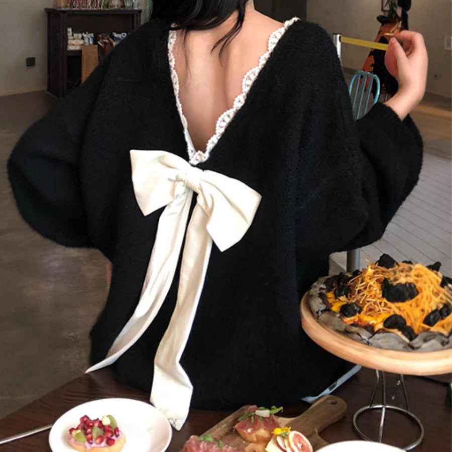 Damen Oversized Strickpullover mit V-Ausschnitt und zartem Spitzenrand Drune