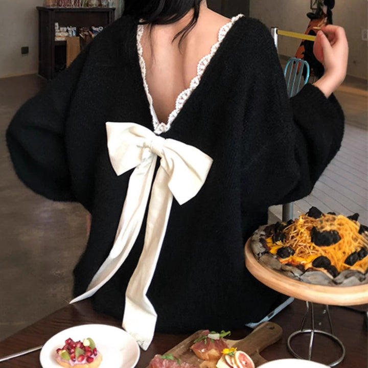 Damen Oversized Strickpullover mit V-Ausschnitt und zartem Spitzenrand Drune