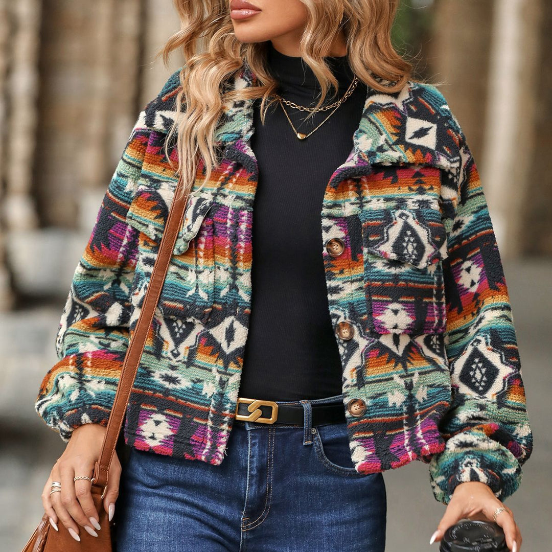 Damen Kuschelige Jacke im Boho-Stil mit buntem Muster Drune