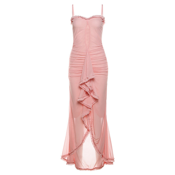 Damen Elegantes Maxikleid mit Rüschendetails und leicht transparentem Stoff Drune