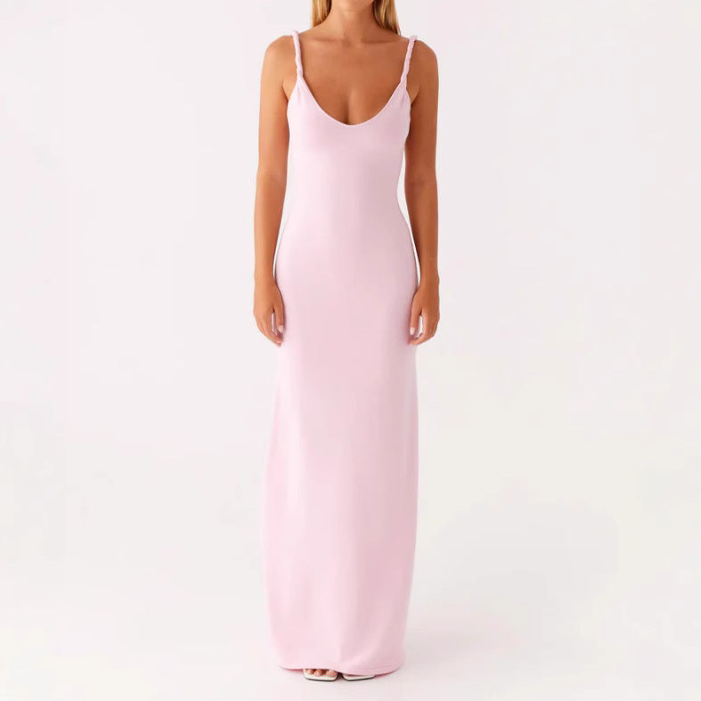 Damen Langarm-Maxikleid aus hochwertigem, elastischem Material mit tiefem V-Ausschnitt und eleganten Spaghetti-Trägern Drune