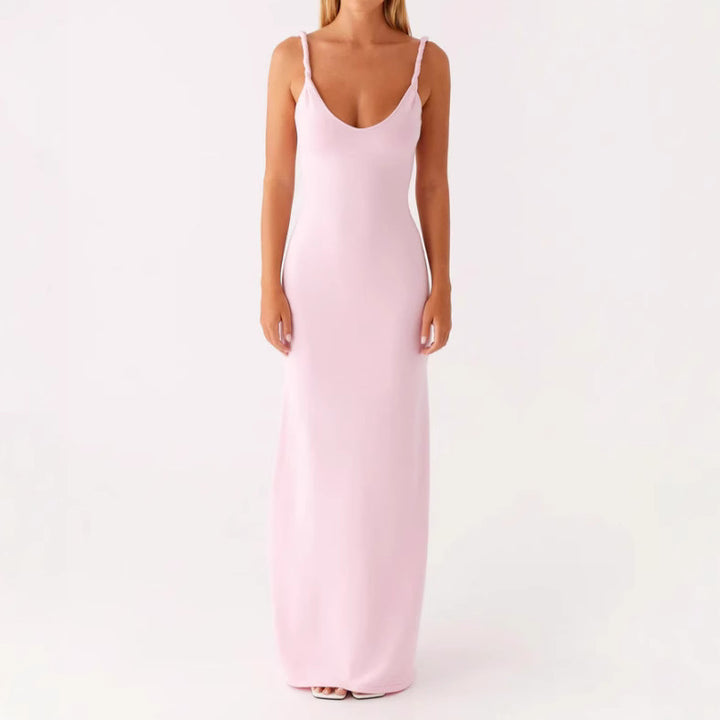 Damen Langarm-Maxikleid aus hochwertigem, elastischem Material mit tiefem V-Ausschnitt und eleganten Spaghetti-Trägern Drune