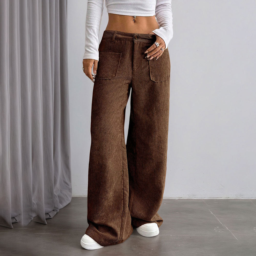 Damen weite Cord-Hose mit Taschen und hohen Bund Drune