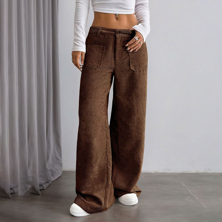 Damen weite Cord-Hose mit Taschen und hohen Bund Drune