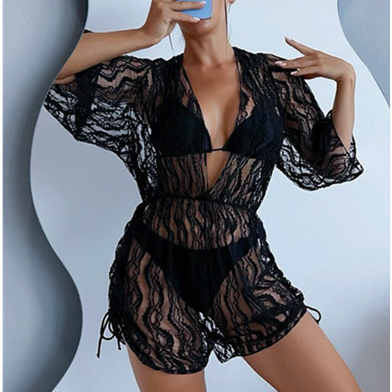 Damen Strandüberwurf mit elegantem Spitzenmuster und taillierten Details Drune