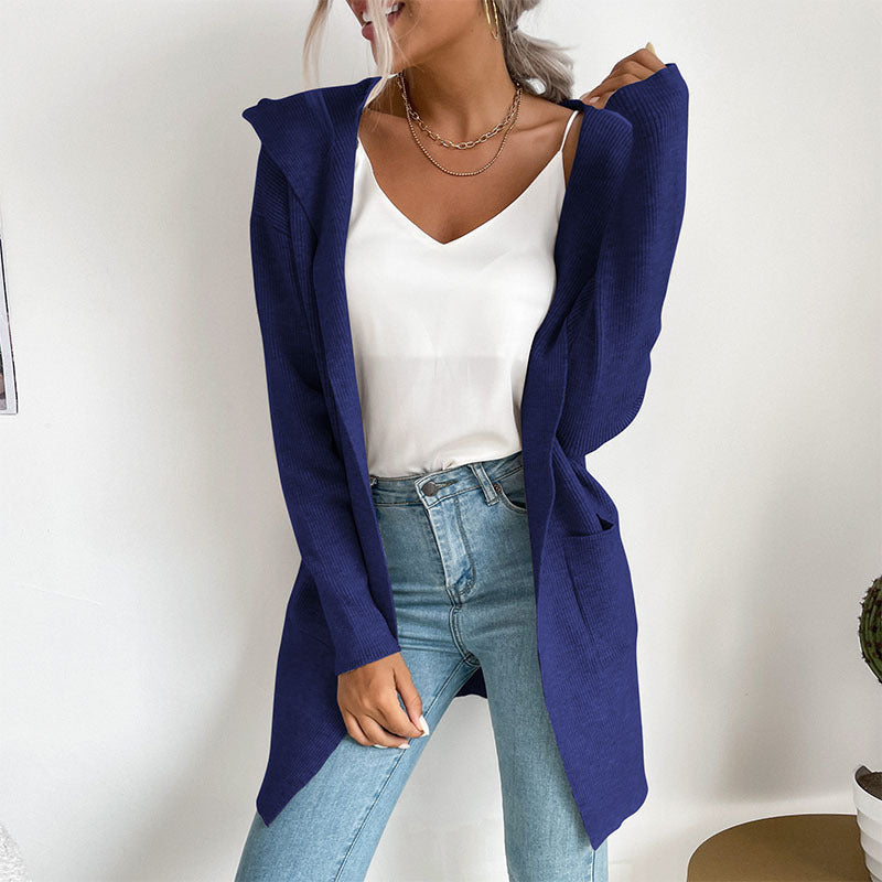 Damen lässiger Strickcardigan mit hohem Kragen und offenen Front Drune