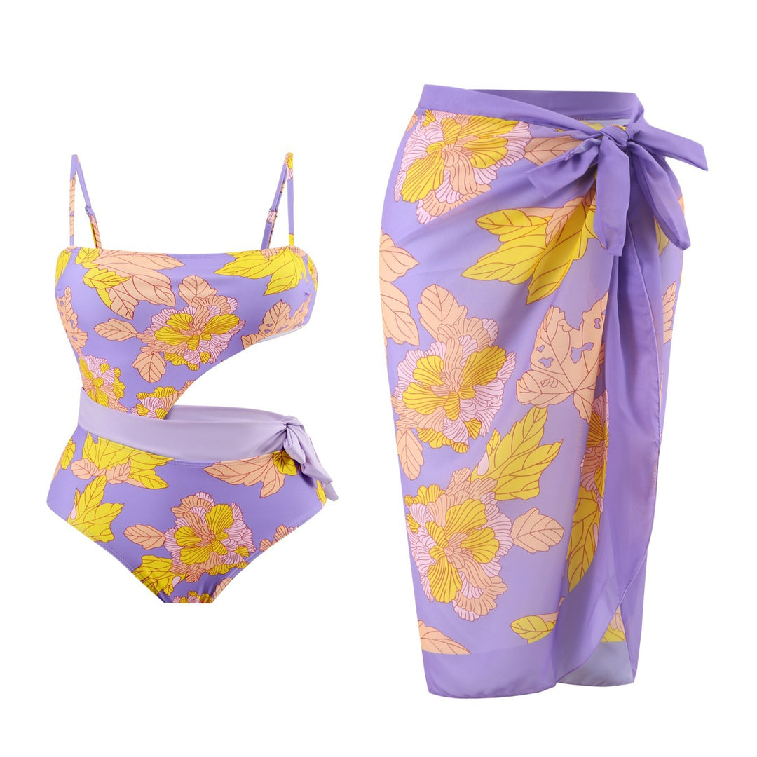 Damen Einteiler Badeanzug mit floralem Design und Wickelrock Drune