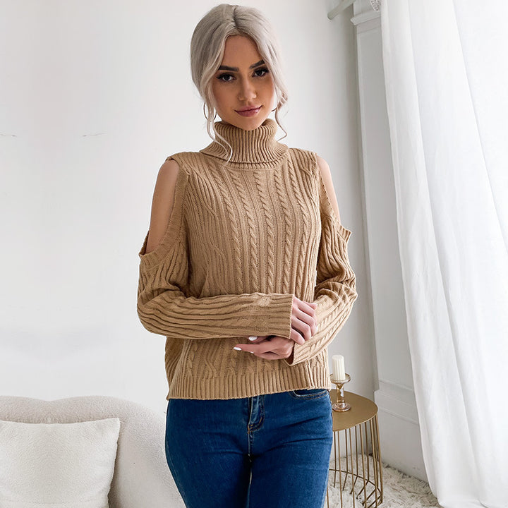 Damen Strickpullover mit Off-Shoulder-Design und hohen Kragen Drune