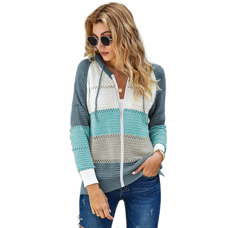 Damen lässige Strickjacke mit Kapuze und dekorativem Lochmuster Drune