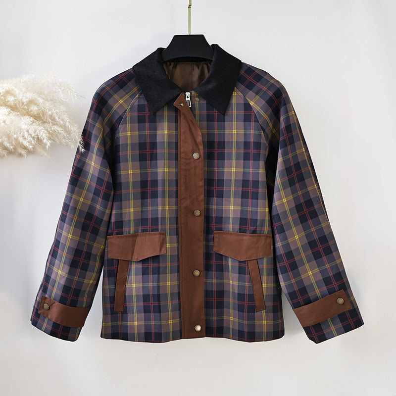 Damen Karierte Jacke mit weichem Cordkragen Drune