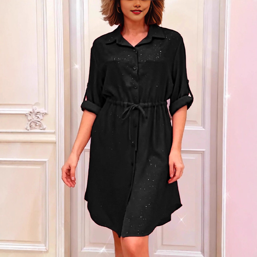 Damen Hemdblusenkleid mit Taillenzug und schimmernden Akzenten Drune