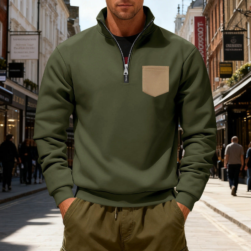 Herren modischer Sweatshirt mit halbem Reißverschluss und aufgesetzter Tasche Drune
