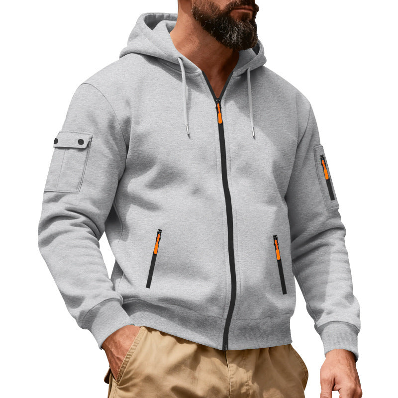 Herren nan Utility-Kapuzenjacke mit durchgehendem Reißverschluss, Arm-Cargo-Taschen und elastischen Bündchen Drune