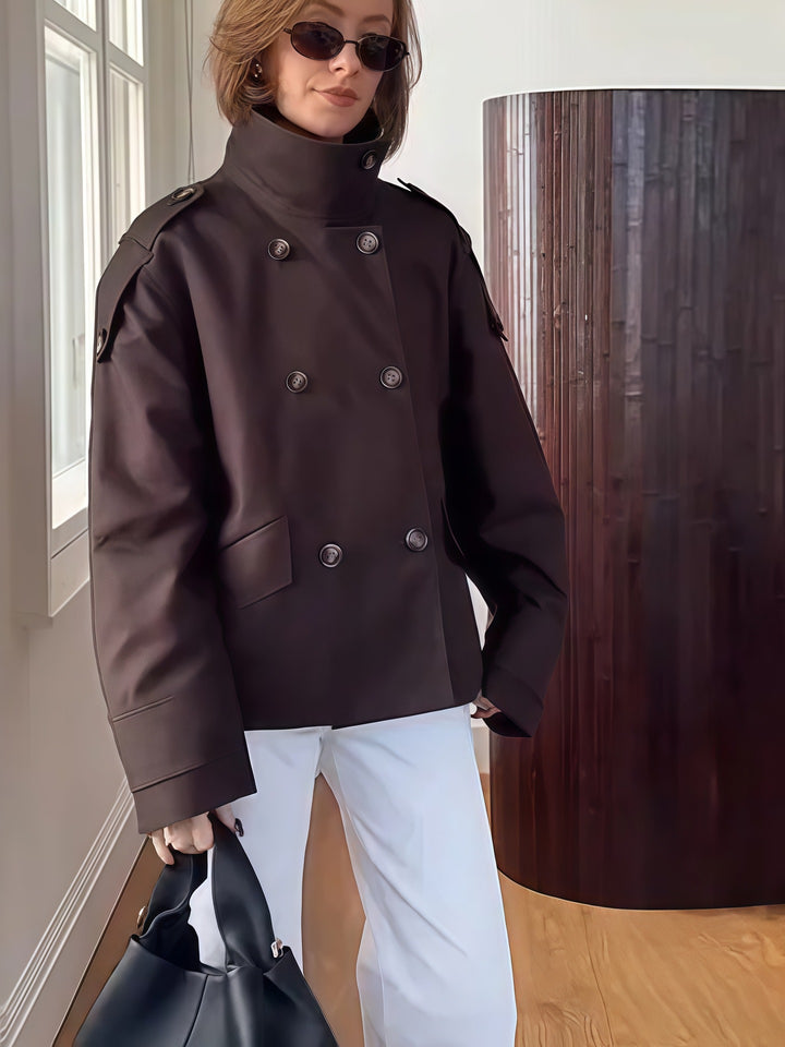 Damen modische Doppelreiher-Jacke mit hohem Kragen und strukturiertem Design Drune