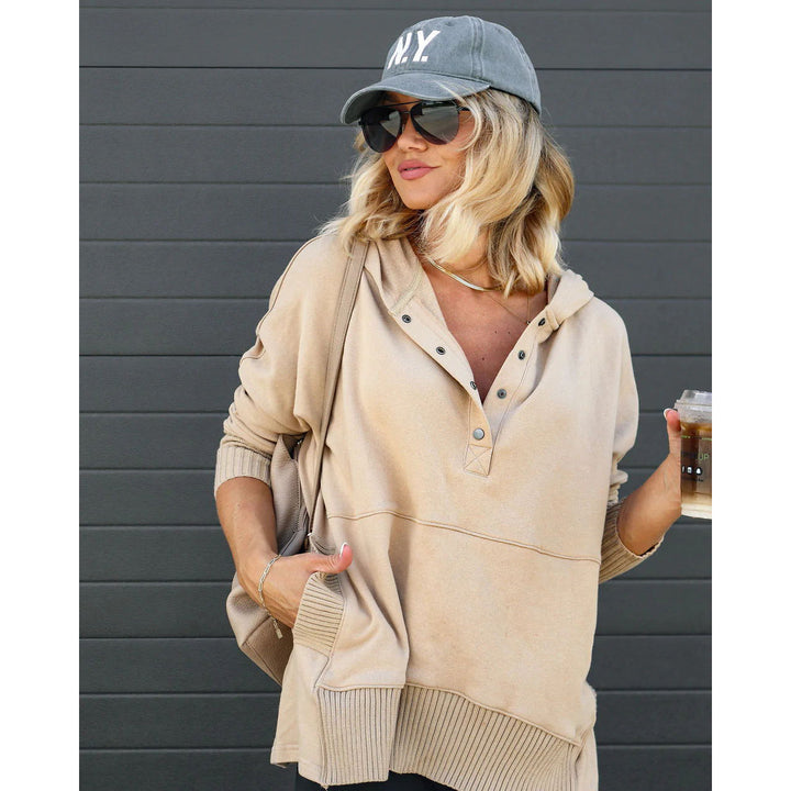 Damen Oversized Kapuzenpullover mit Knopfleiste und seitlichen Eingrifftaschen Drune