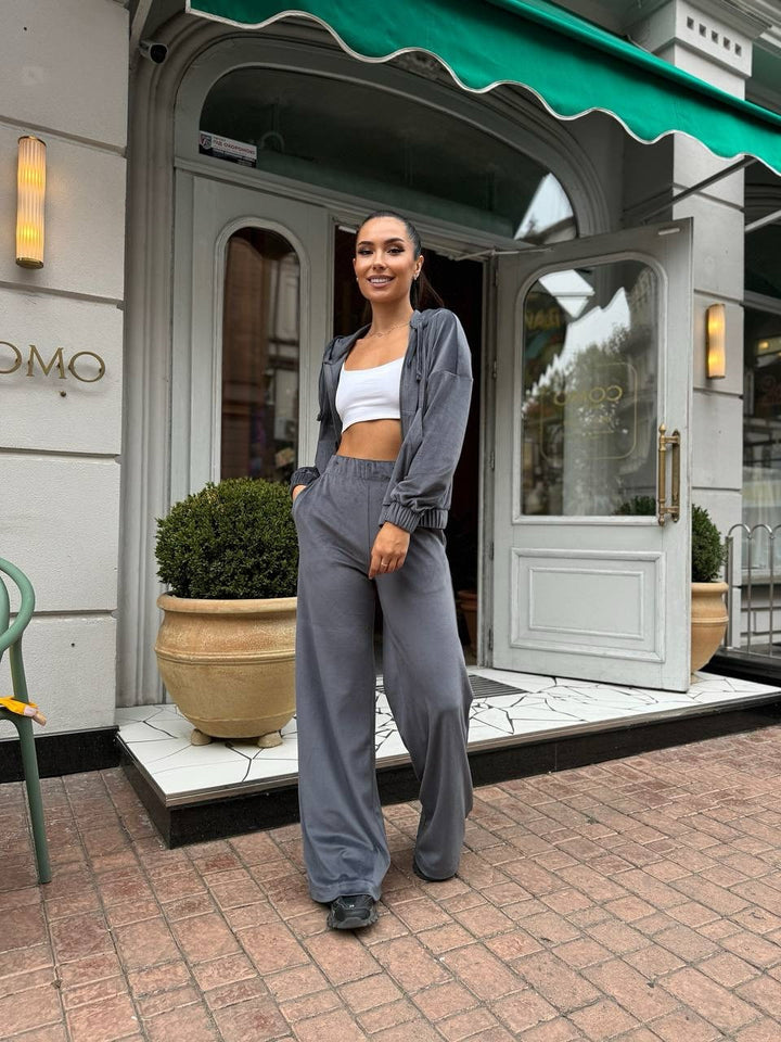 Damen Sportlicher Velours-Jogginganzug mit Kapuze und Komfort-Taille Drune