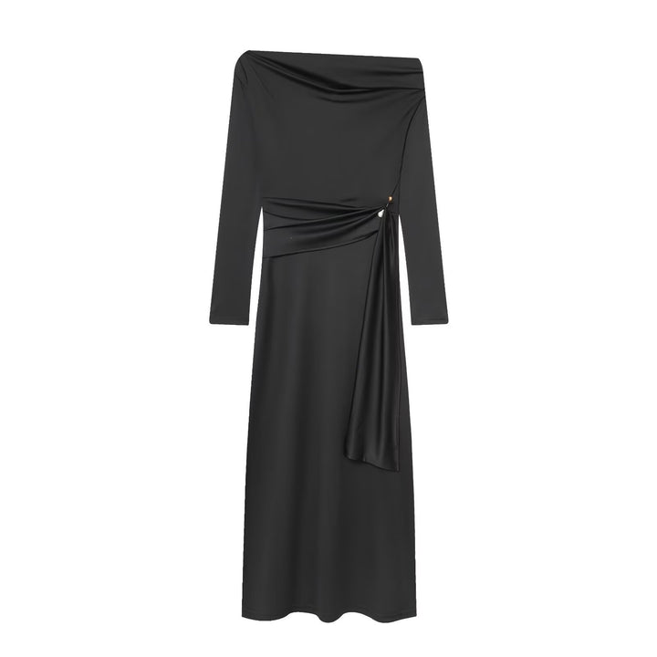 Damen elegantes Maxikleid mit asymmetrischem Ausschnitt und dekorativer Drapierung Drune