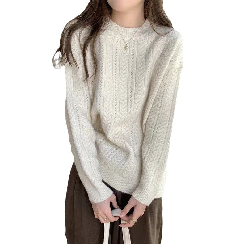 Damen Grobstrickpullover mit modernem Zopfmuster und hohem Rundhalsausschnitt Drune