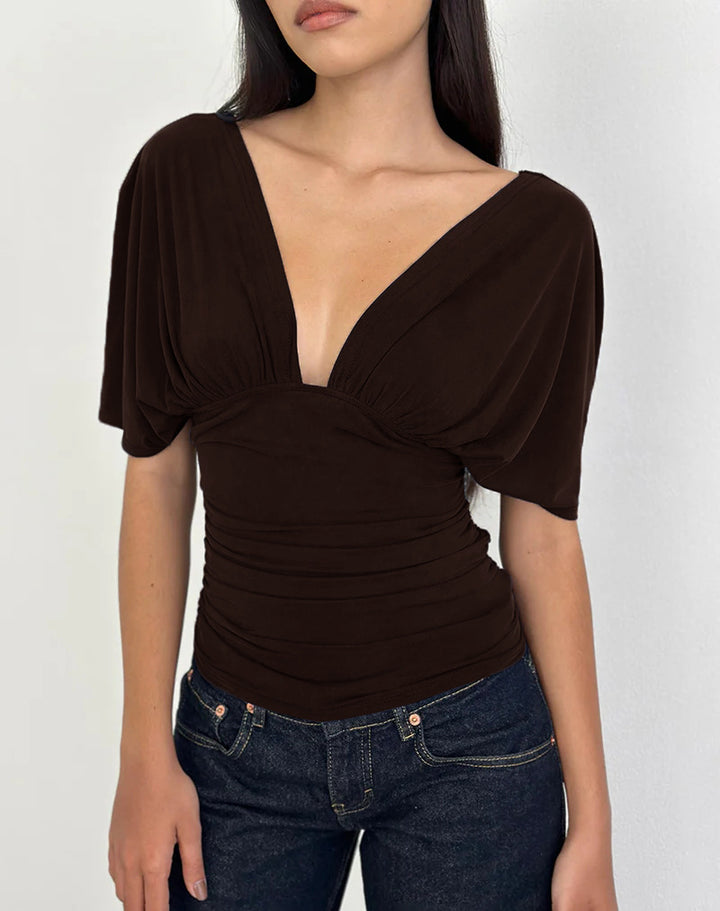 Damen Elegantes Oberteil mit tiefem V-Ausschnitt und lässigem Drapierungsdesign Drune