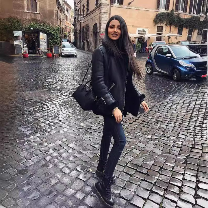 Damen elegante Kunstlederjacke mit abnehmbarem Innenfutter Drune