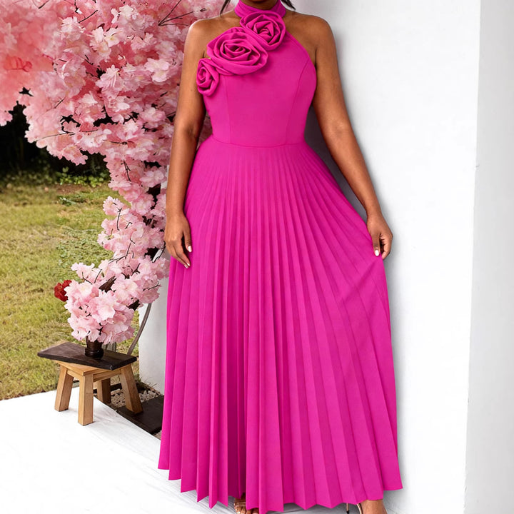 Damen Elegantes Plissiertes Maxikleid mit dekorativen Rosen Drune