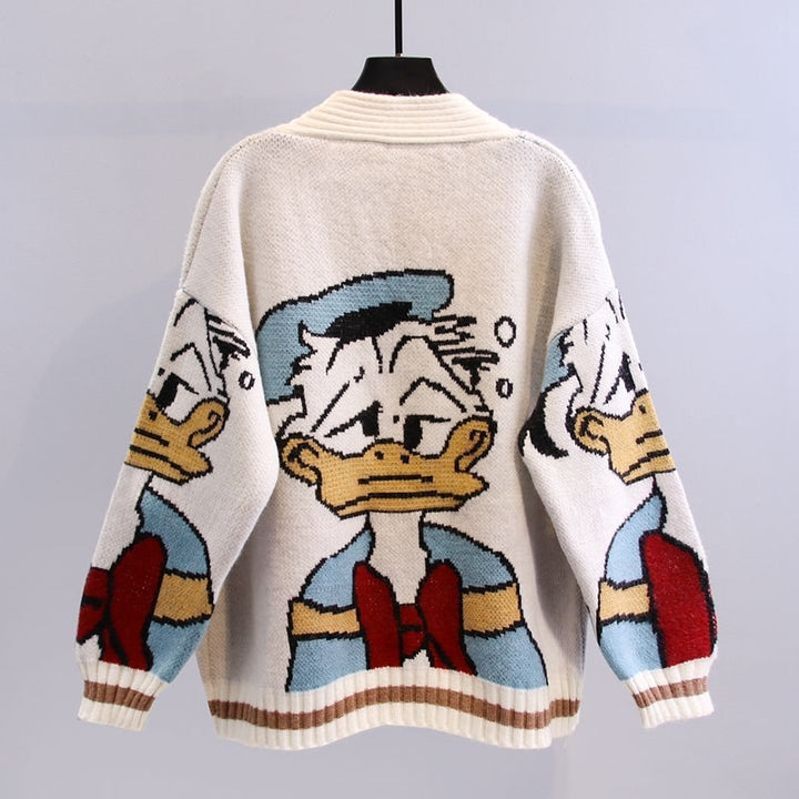 Damen Cartoon-Design Strickjacke mit breiten Ärmeln und Taschen Drune