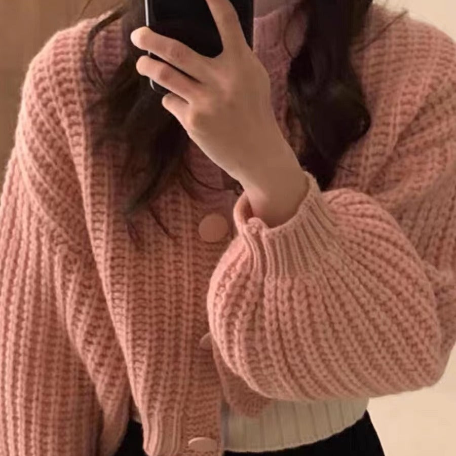 Damen Grobstrickcardigan mit voluminösen Ärmeln und großen Knöpfen Drune