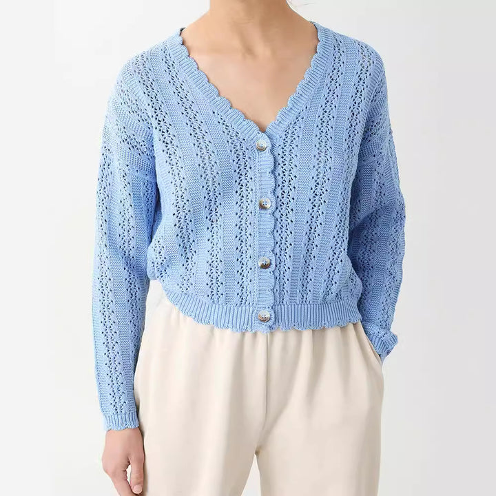 Damen Strickcardigan mit femininer Rüsche und Knopfdetails Drune