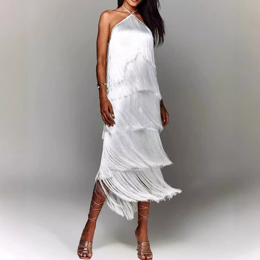 Damen Elegantes Fransen-Maxikleid mit schimmerndem Detail und raffinierter Passform Drune