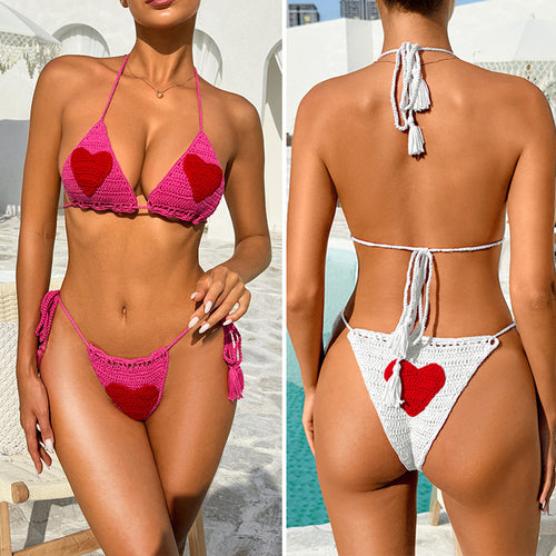 Damen Häkel-Bikini-Set mit Herz-Motiv und anpassbarem Trägersystem Drune