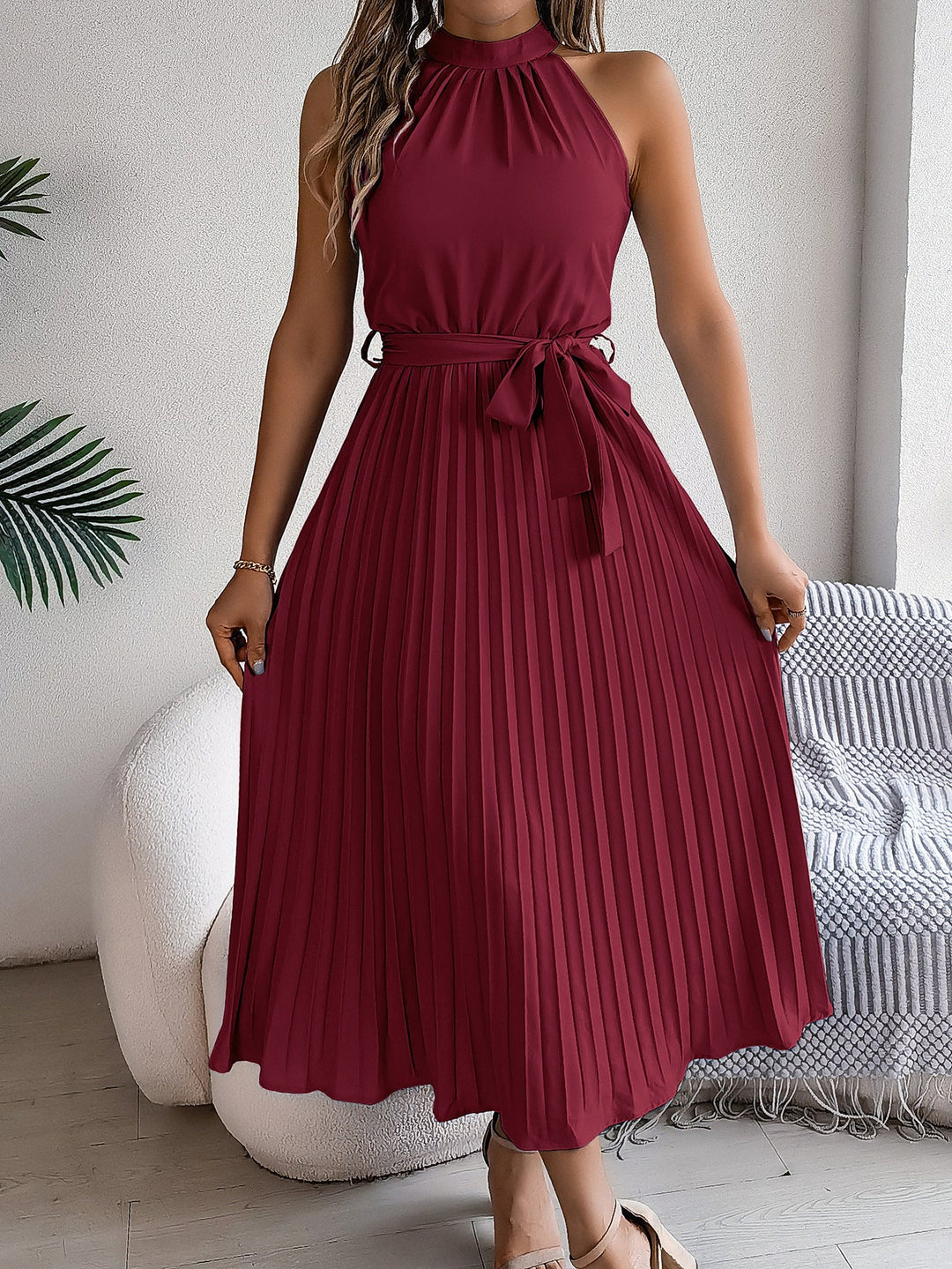 Drune | Frühling Elegante Stehkragen Taille-betonte Falten Maxi Kleid