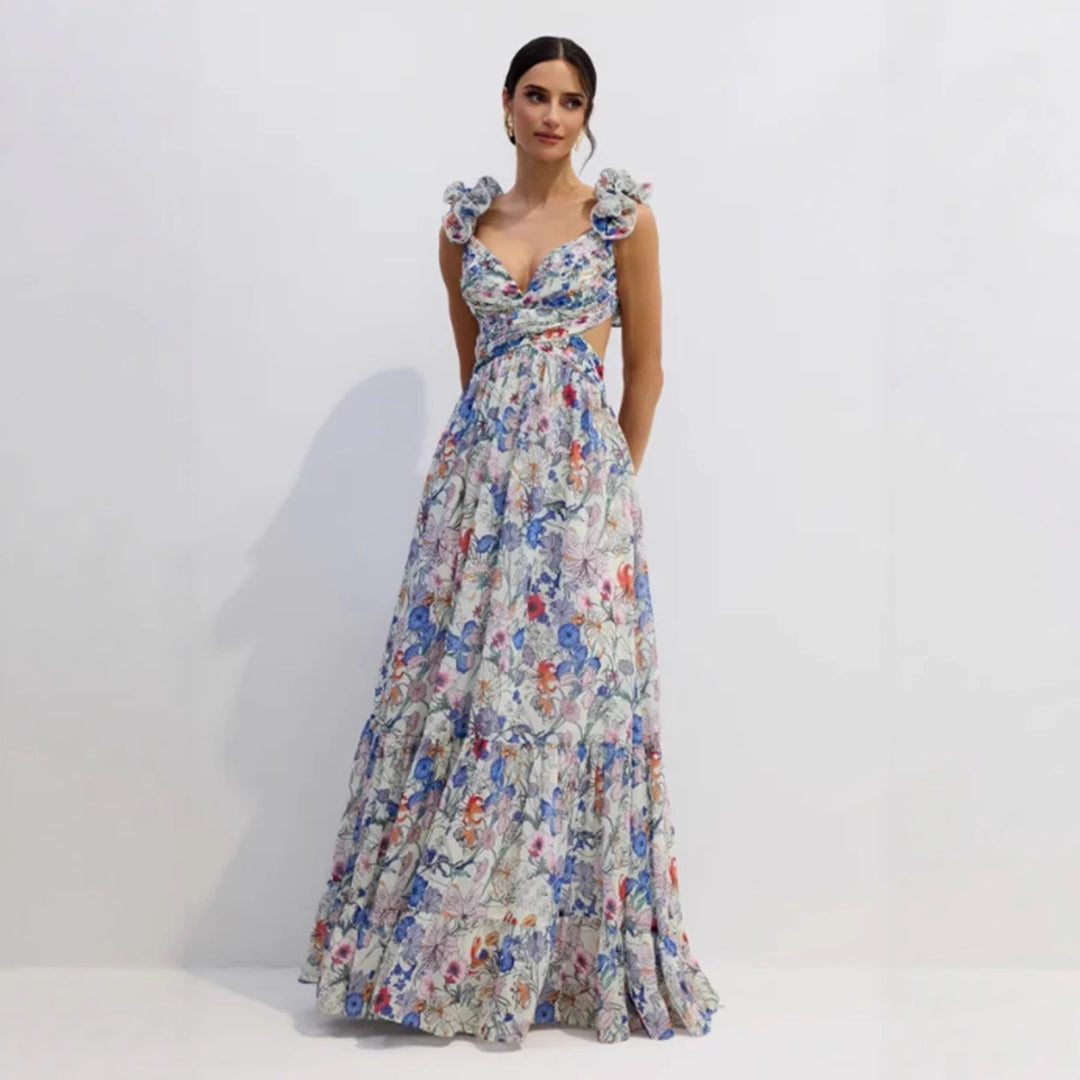 Damen Maxikleid mit floralem Print und romantischen Rüschen Drune
