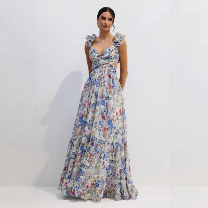 Damen Maxikleid mit floralem Print und romantischen Rüschen Drune