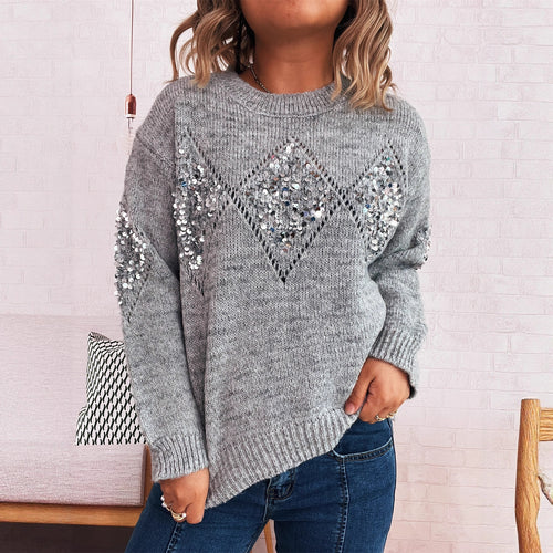 Damen eleganter Strickpullover mit glitzernden Paillettenakzenten Drune