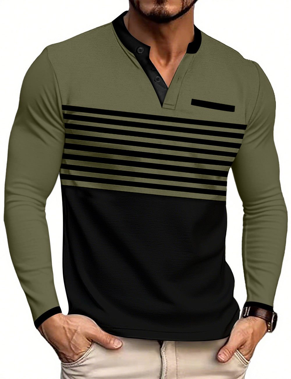 Herren nan modernes Langarm-Polo mit Henley-Blende gestreifter Brustpartie und Stehkragen Drune
