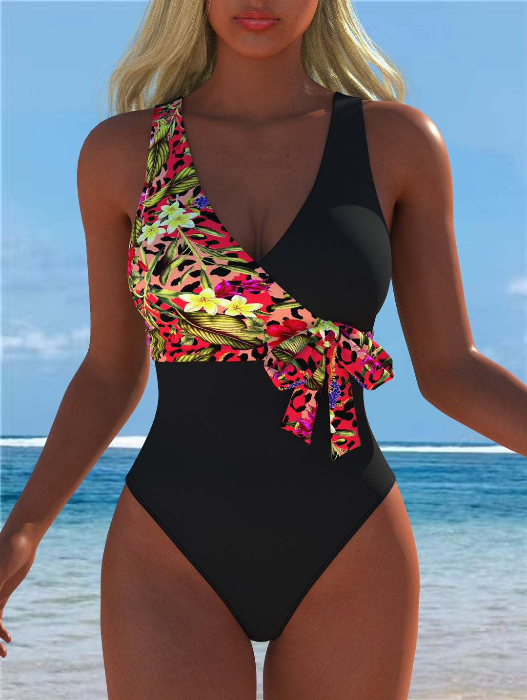 Damen einteiliger Badeanzug mit floralem Wickeldesign und modischem Schwarz Drune