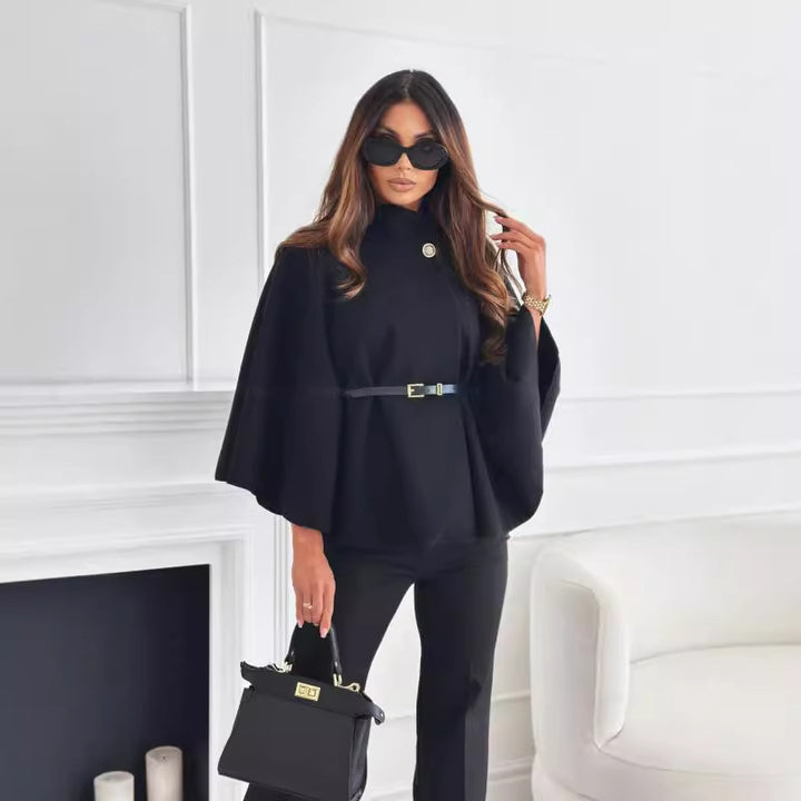 Damen elegante und stylische Kurzbluse mit Gürtel und Poncho-Design Drune