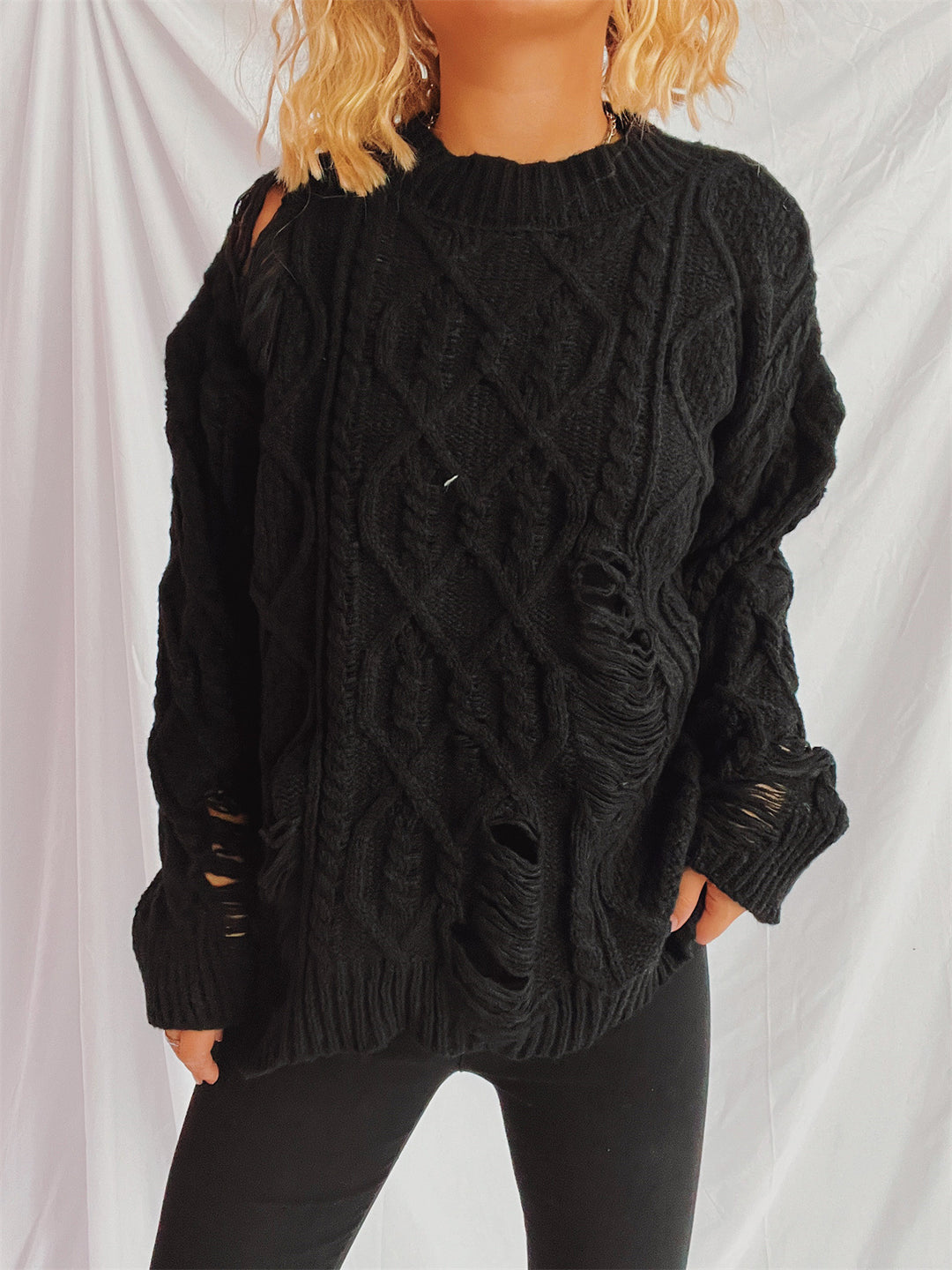 Damen lässiger Oversized-Pullover mit strukturiertem Zopfmuster und Fransen Drune