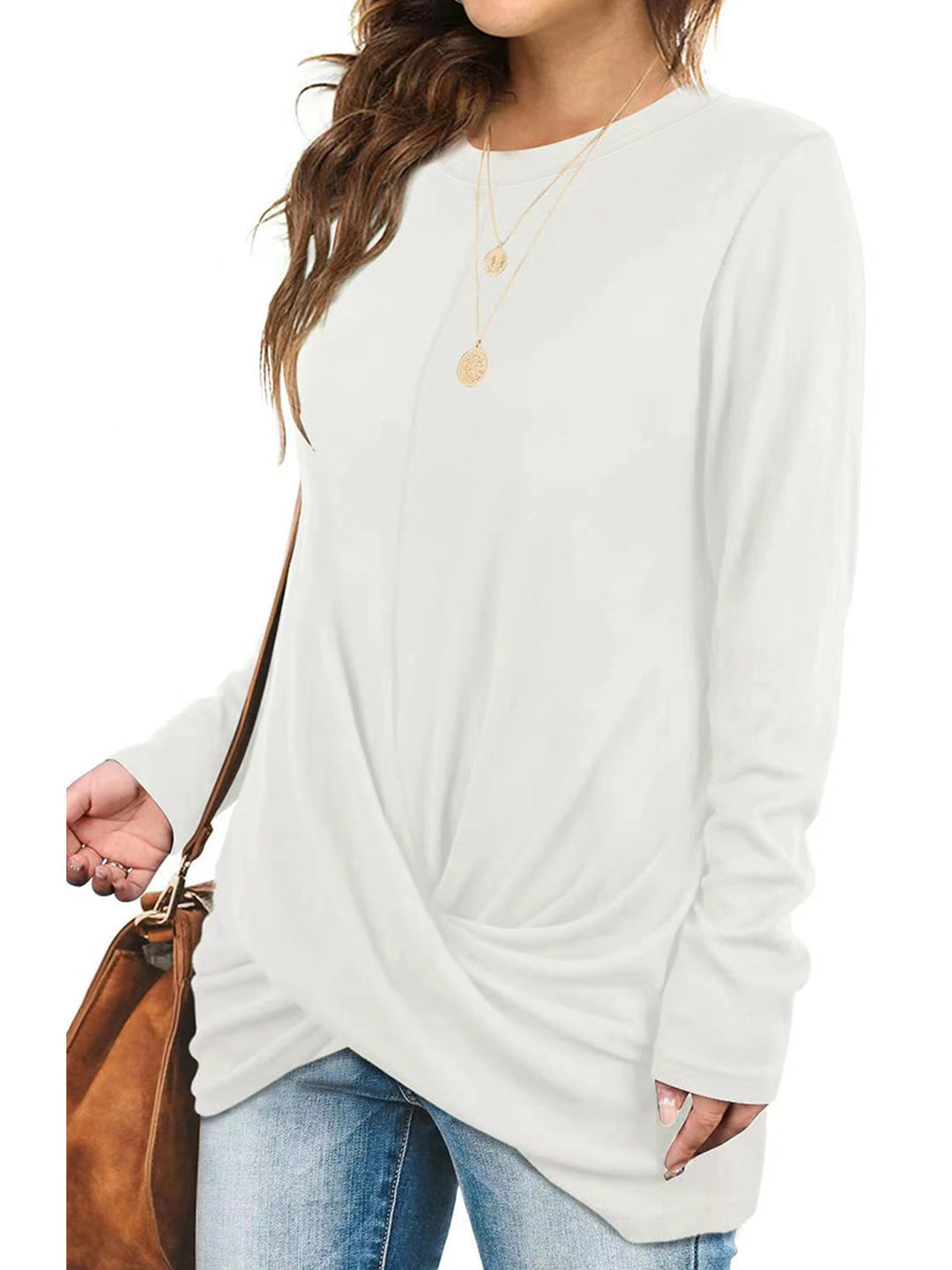 Damen lässiges Longsleeve Oberteil mit Wickeloptik und Rundhalsausschnitt Drune